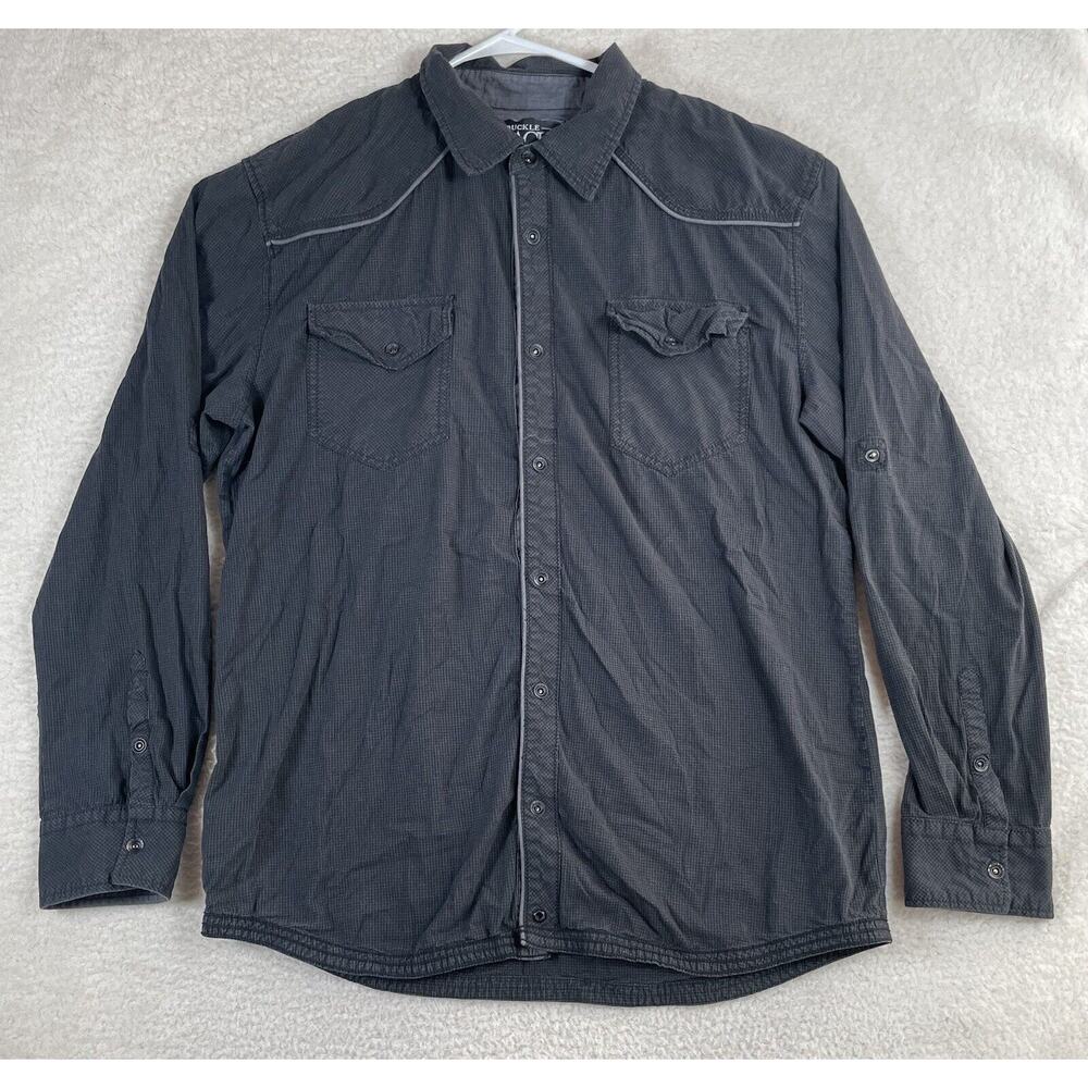 Buckle Black Shirt Mens 2XL XXL Slim Fit Black Snap Button Roll Tab Sleeve